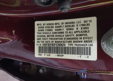 2015 Honda Civic Ex из США, поврежденный, VIN 19XFB2F82FE260624